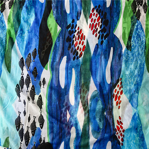 Supply creative cartoon blue fish pattern scarf travel cotton and linen scarf factory