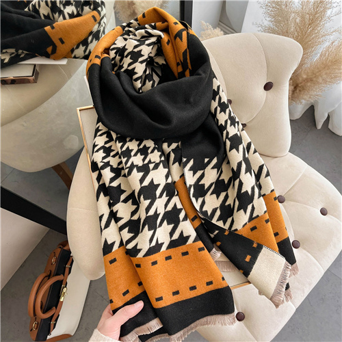 Womens extra thick warm long shawl with imitation cashmere thousand bird pattern scarf