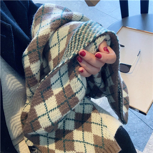 Winter ins vintage diamond plaid gift thickened knitted cashmere like scarf
