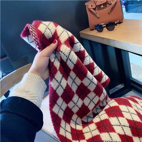 Winter ins vintage diamond plaid gift thickened knitted cashmere like scarf