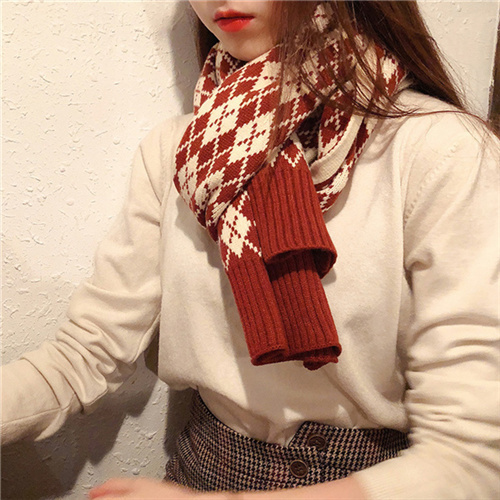 Winter ins vintage diamond plaid gift thickened knitted cashmere like scarf