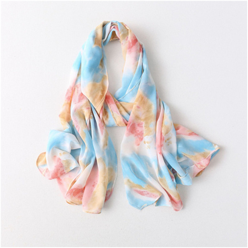 Tie dye chiffon printed scarf gradient pearl chiffon long scarf bag head scarf female factory wholesale