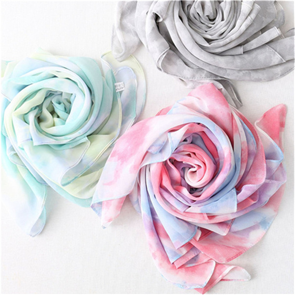 Tie dye chiffon printed scarf gradient pearl chiffon long scarf bag head scarf female factory wholesale