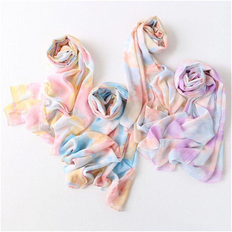 Tie dye chiffon printed scarf gradient pearl chiffon long scarf bag head scarf female factory wholesale