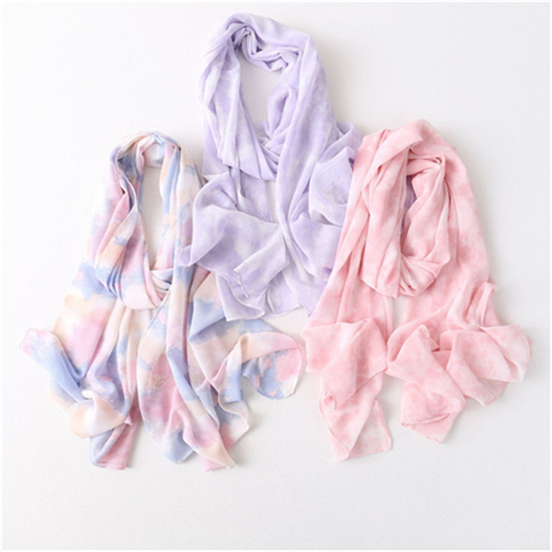 Tie dye chiffon printed scarf gradient pearl chiffon long scarf bag head scarf female factory wholesale