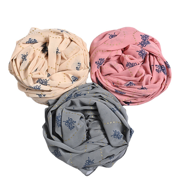 Bronzing printed floral pure color pearl chiffon long scarf bag head scarf female factory wholesale