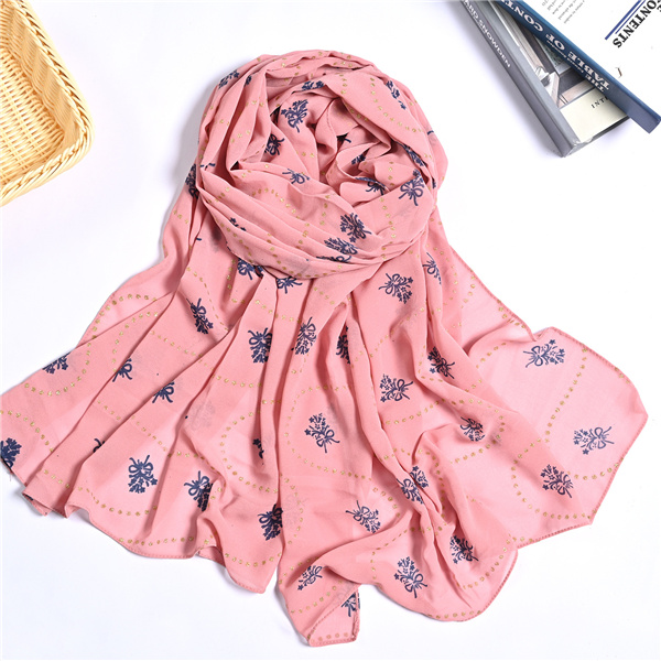 Bronzing printed floral pure color pearl chiffon long scarf bag head scarf female factory wholesale