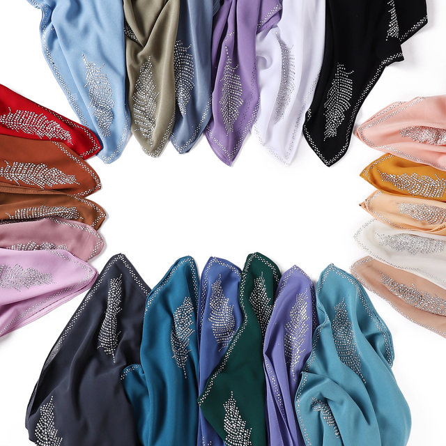 Pure Color Pearl Chiffon Fashion Leaf Hot Rhinestone Scarf Monochrome Square Scarf Factory Wholesale
