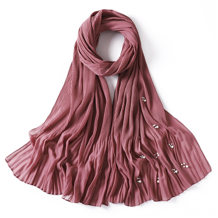 Pure color crumpled ruffled beaded chiffon long scarf monochrome headscarf female factory wholesale