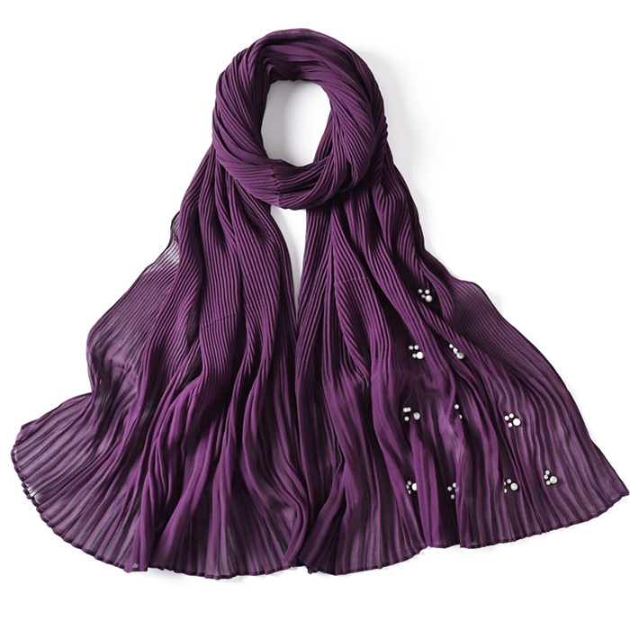 Pure color crumpled ruffled beaded chiffon long scarf monochrome headscarf female factory wholesale