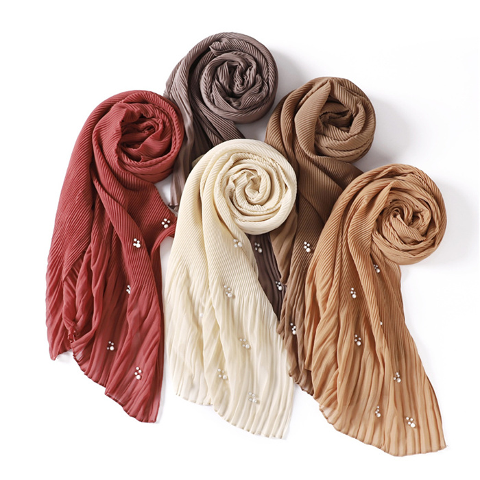 Pure color crumpled ruffled beaded chiffon long scarf monochrome headscarf female factory wholesale