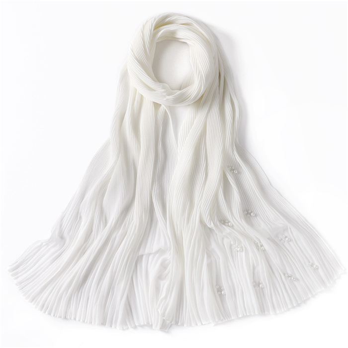 Pure color crumpled ruffled beaded chiffon long scarf monochrome headscarf female factory wholesale