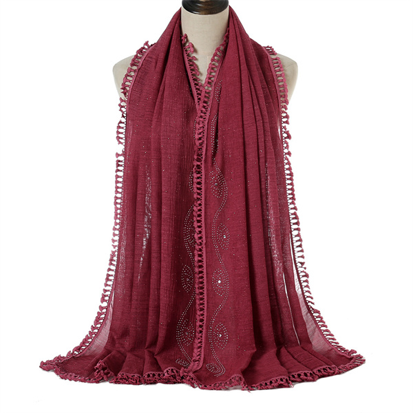 High quality cotton linen quadrilateral hair shawl monochrome lace diamond scarf wholesale