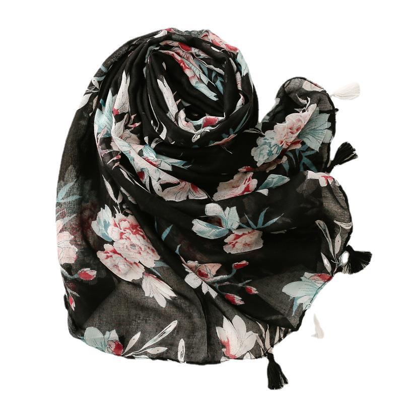 Spring and summer Balinese yarn cotton linen Scarf Black Big Flower shawl silk scarf female