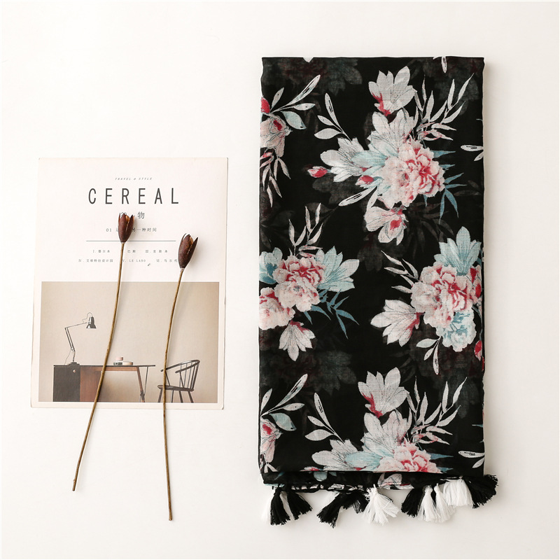 Spring and summer Balinese yarn cotton linen Scarf Black Big Flower shawl silk scarf female