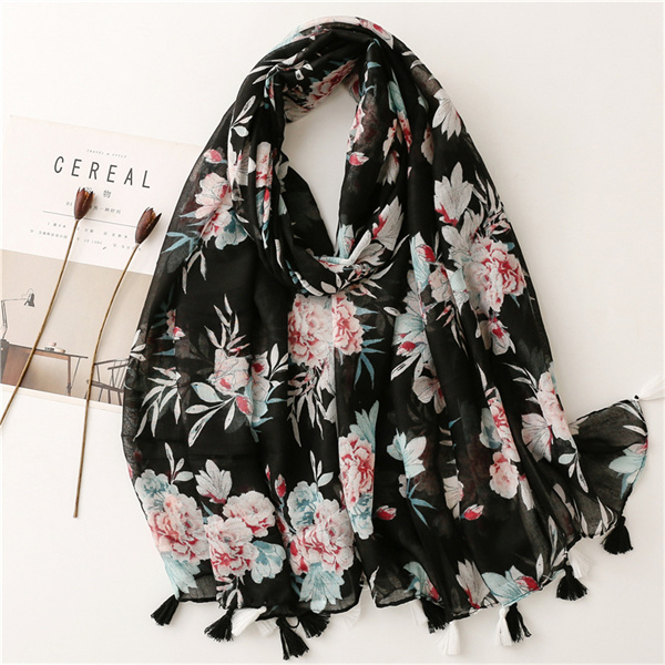 Spring and summer Balinese yarn cotton linen Scarf Black Big Flower shawl silk scarf female