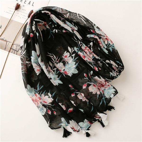 Spring and summer Balinese yarn cotton linen Scarf Black Big Flower shawl silk scarf female