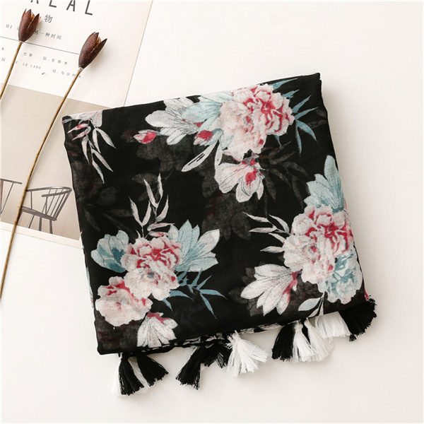 Spring and summer Balinese yarn cotton linen Scarf Black Big Flower shawl silk scarf female