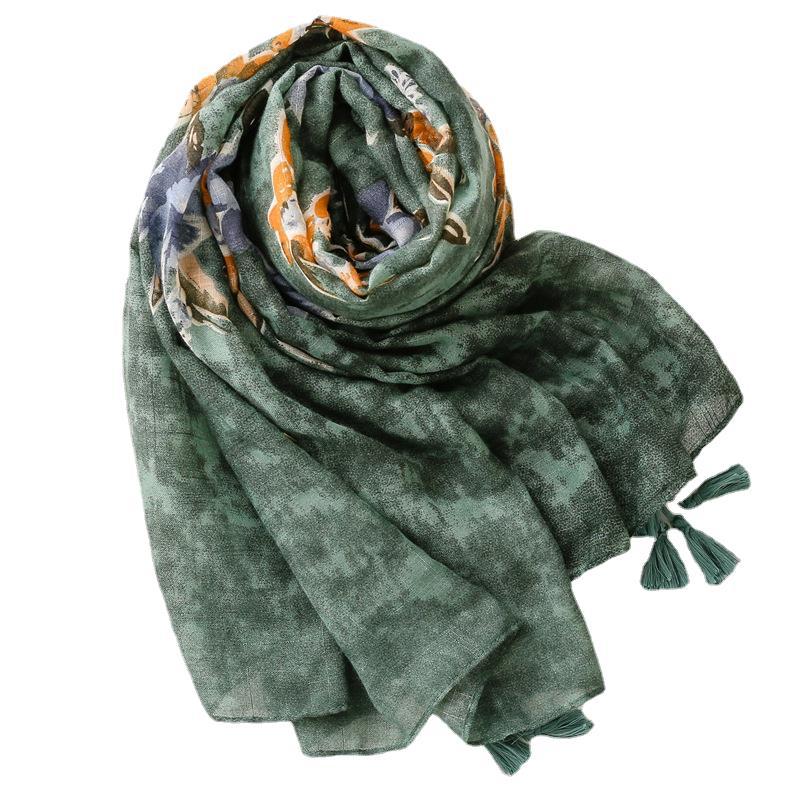 Thin temperament dark green flower slub yarn cotton linen silk scarf tassel fashion silk scarf
