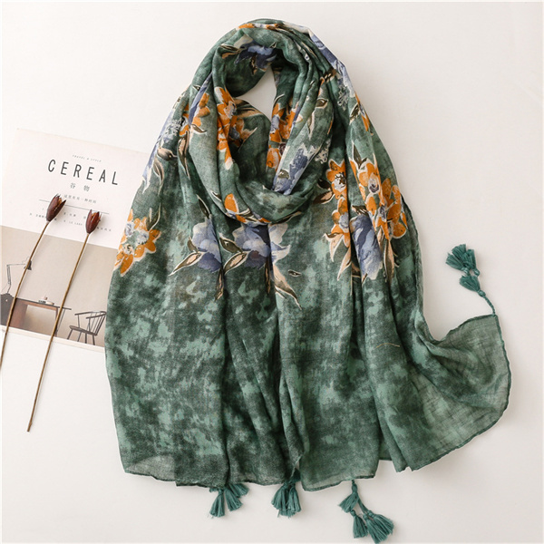 Thin temperament dark green flower slub yarn cotton linen silk scarf tassel fashion silk scarf