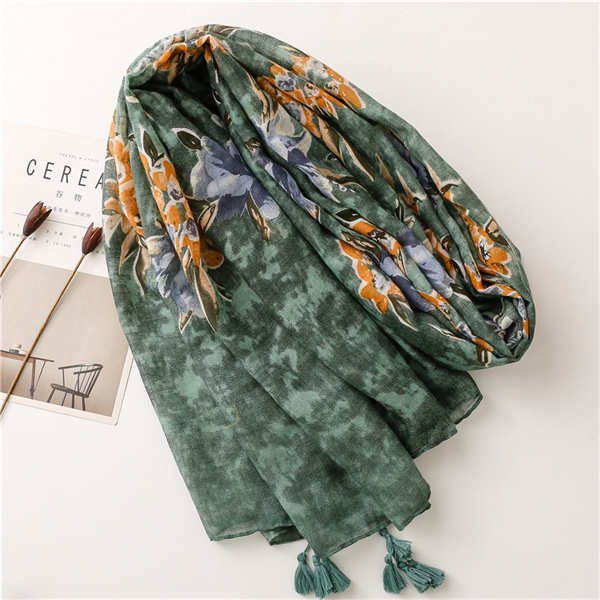 Thin temperament dark green flower slub yarn cotton linen silk scarf tassel fashion silk scarf