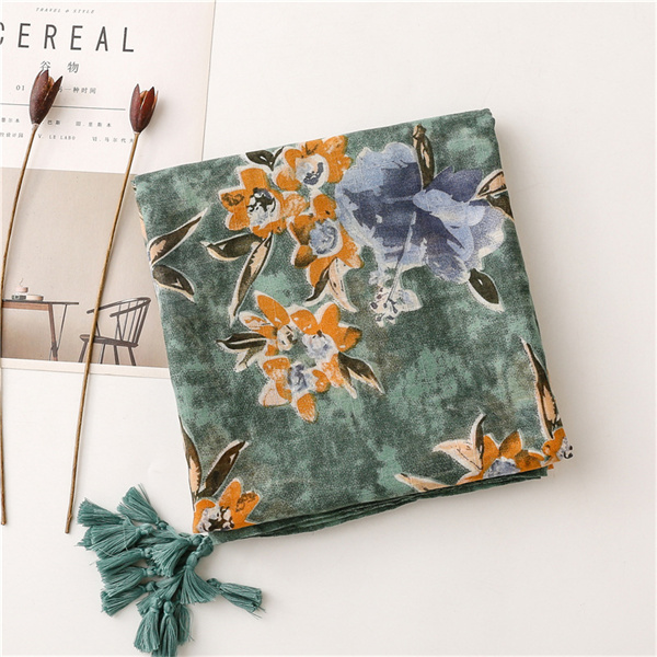 Thin temperament dark green flower slub yarn cotton linen silk scarf tassel fashion silk scarf