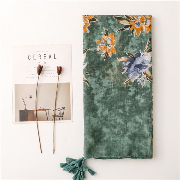 Thin temperament dark green flower slub yarn cotton linen silk scarf tassel fashion silk scarf
