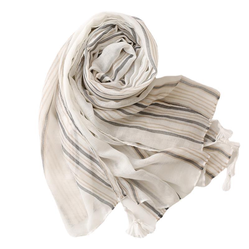 Cotton linen scarf Bali yarn vertical stripe printed tassel shawl silk scarf female