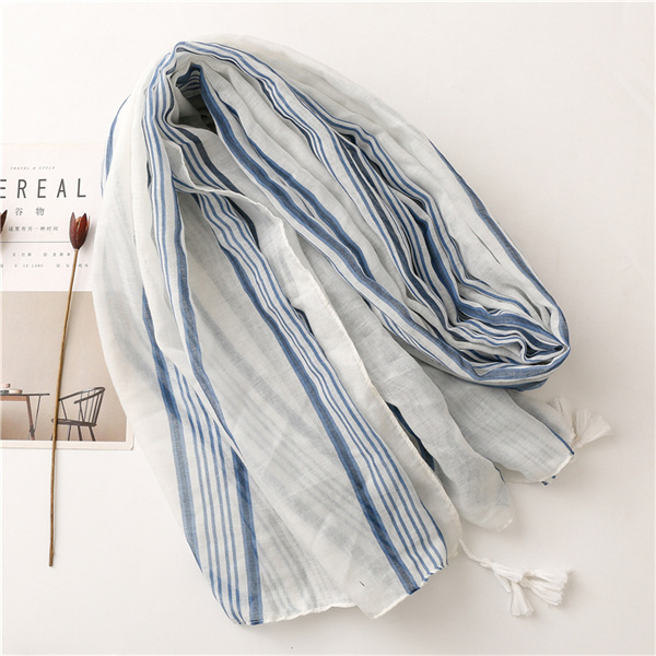 Cotton linen scarf Bali yarn vertical stripe printed tassel shawl silk scarf female