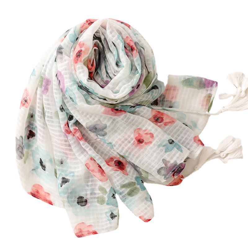 Soft cotton linen handle scarf light flower tassel shawl silk scarf female