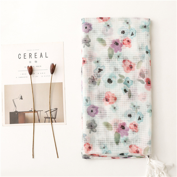 Soft cotton linen handle scarf light flower tassel shawl silk scarf female