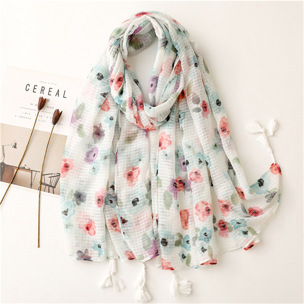 Soft cotton linen handle scarf light flower tassel shawl silk scarf female