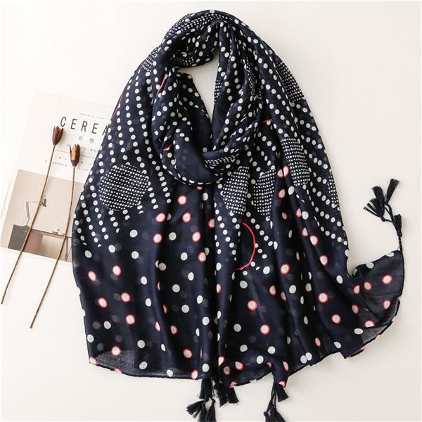 Bali yarn cotton linen scarf Tibetan blue round wave dot round pattern tassel shawl