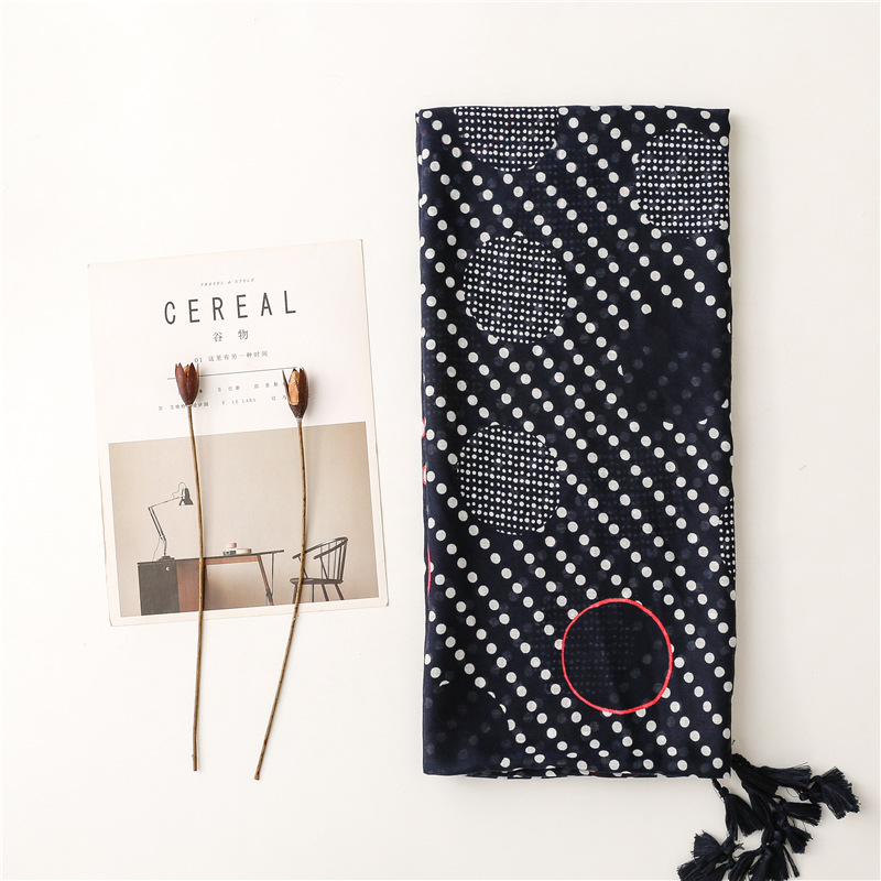 Bali yarn cotton linen scarf Tibetan blue round wave dot round pattern tassel shawl