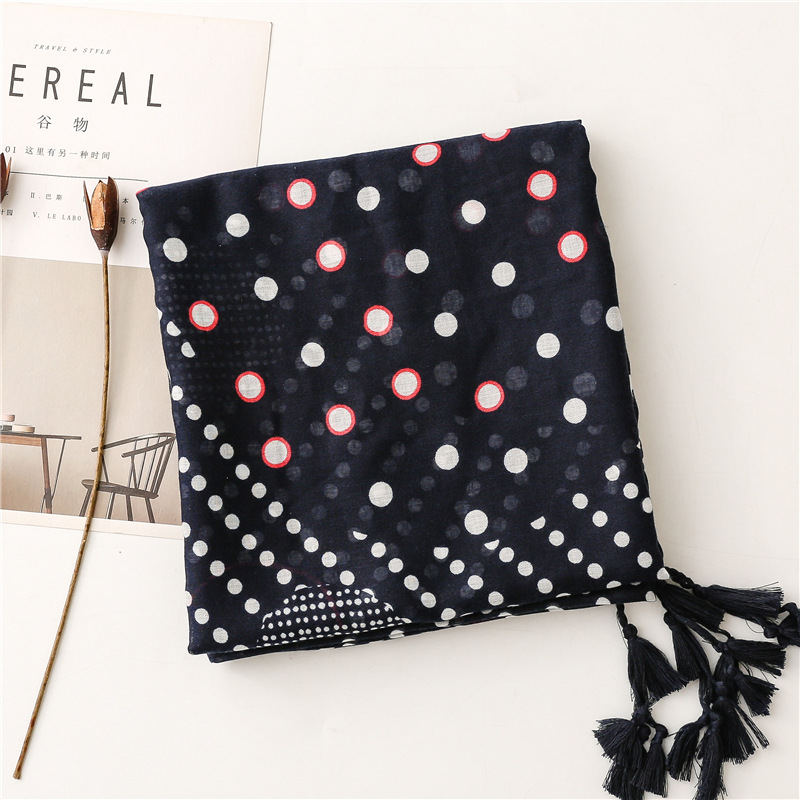 Bali yarn cotton linen scarf Tibetan blue round wave dot round pattern tassel shawl
