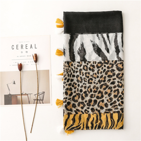 Cotton linen scarf zebra Leopard Contrast tassel beach towel shawl