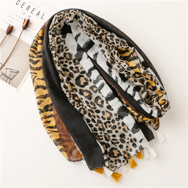 Cotton linen scarf zebra Leopard Contrast tassel beach towel shawl