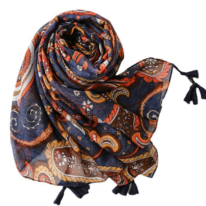 Cotton linen scarf dark cashew flower sunscreen shawl silk scarf female