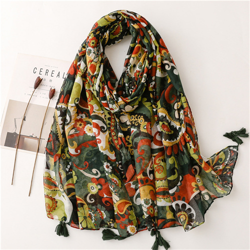 Cotton linen scarf army green color cashew flower shawl silk scarf