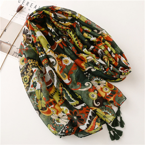Cotton linen scarf army green color cashew flower shawl silk scarf