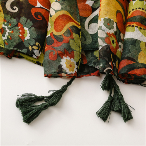 Cotton linen scarf army green color cashew flower shawl silk scarf