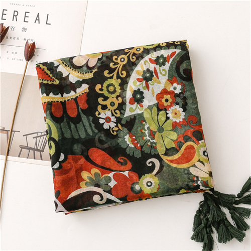 Cotton linen scarf army green color cashew flower shawl silk scarf