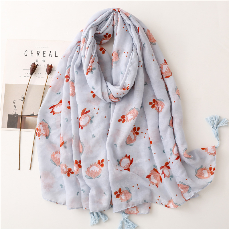 Small fresh plain color small flower cotton linen Satin Silk Scarf tassel large scarf