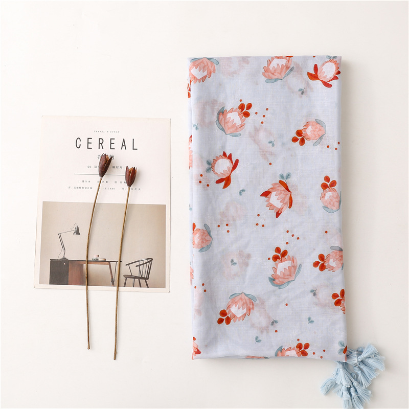Small fresh plain color small flower cotton linen Satin Silk Scarf tassel large scarf