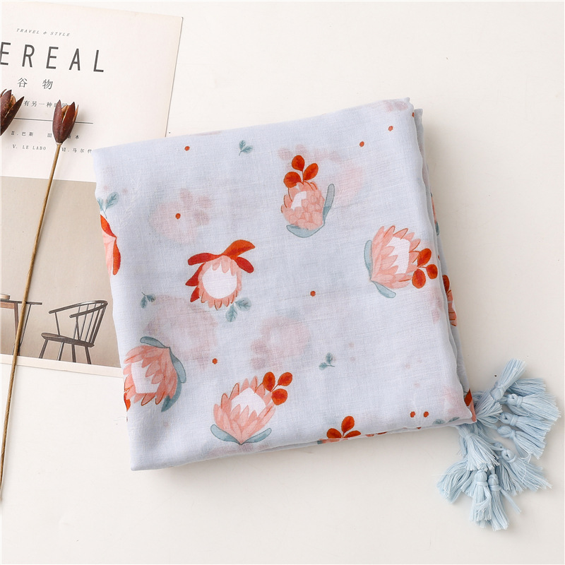 Small fresh plain color small flower cotton linen Satin Silk Scarf tassel large scarf