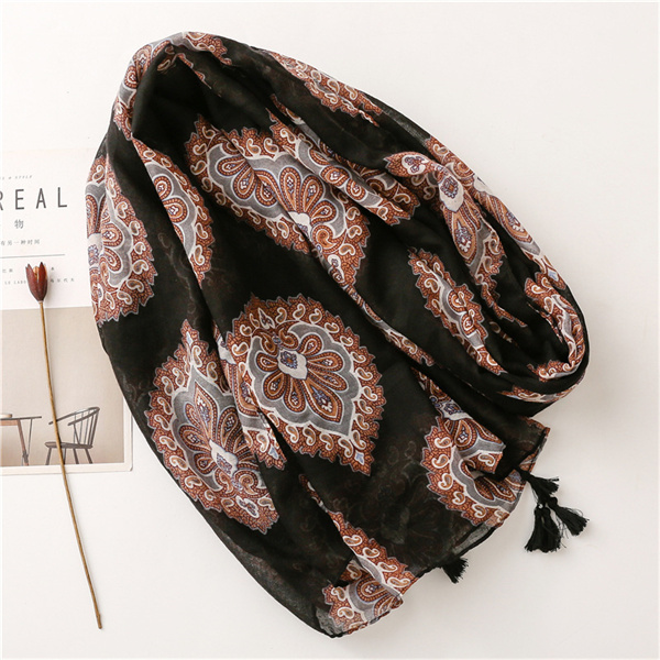 Black flower Bohemian national style shawl cotton linen silk scarf female