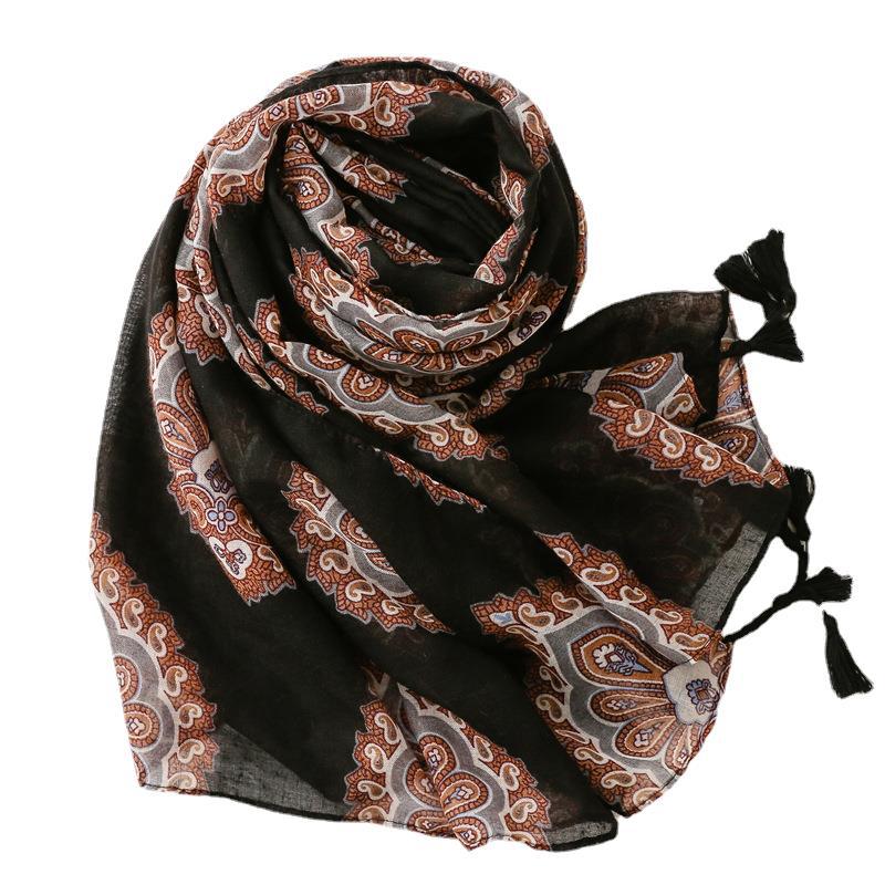Black flower Bohemian national style shawl cotton linen silk scarf female