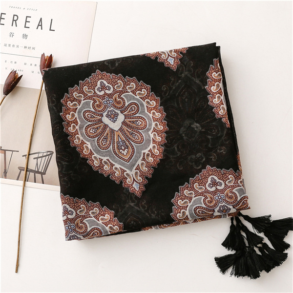 Black flower Bohemian national style shawl cotton linen silk scarf female
