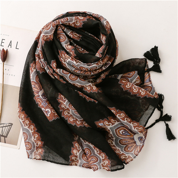 Black flower Bohemian national style shawl cotton linen silk scarf female