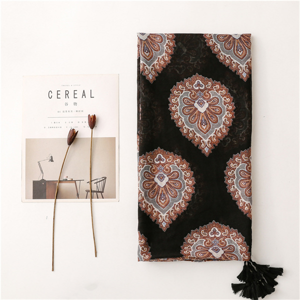 Black flower Bohemian national style shawl cotton linen silk scarf female
